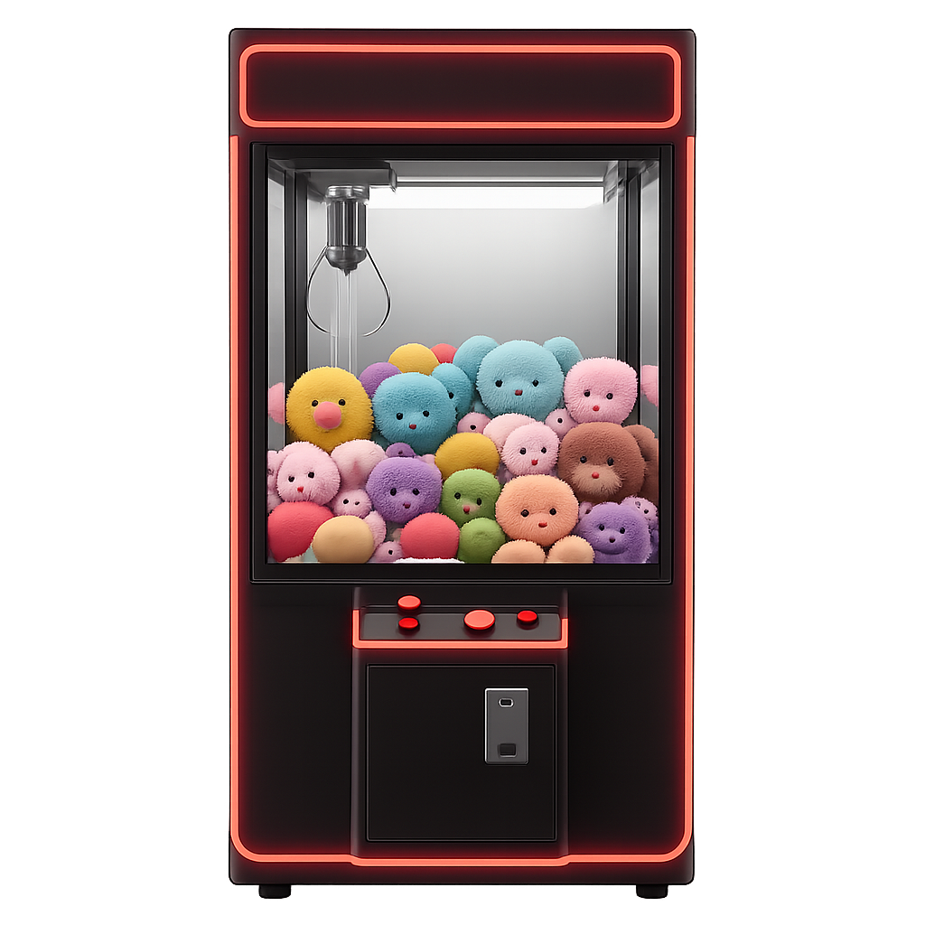 A claw machine and vending machine in a dimly lit venue